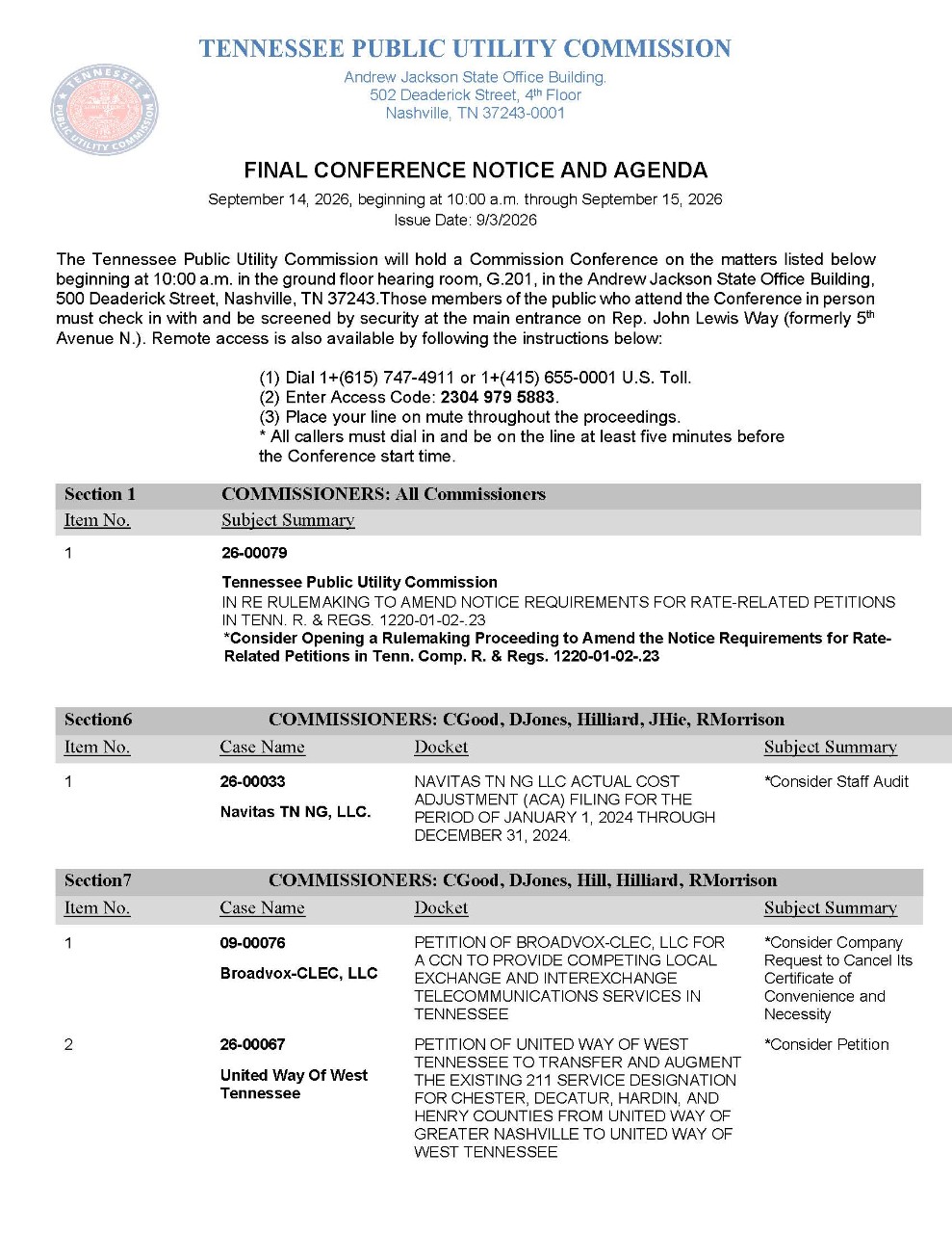 20260914_Commission Conference Agenda_Page_1 Image of September 14, 2026 Notice and Agenda for Commission Conference. Select image for pdf. of Notice.