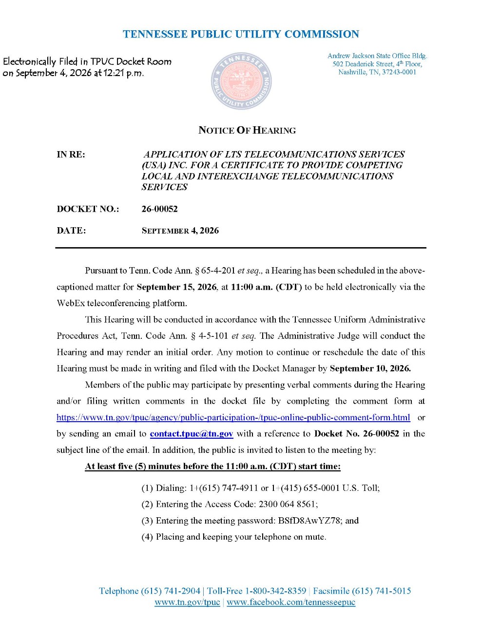 Image of September 15, 2026 Notice of Hearing in Docket 26-00052. Select image for pdf. of Notice.