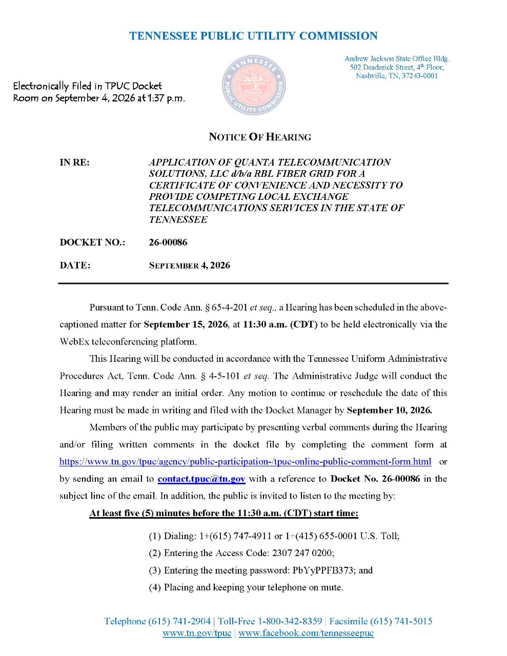 Image of September 15, 2026 Notice of Hearing in Docket 26-00086. Select image for pdf. of Notice.