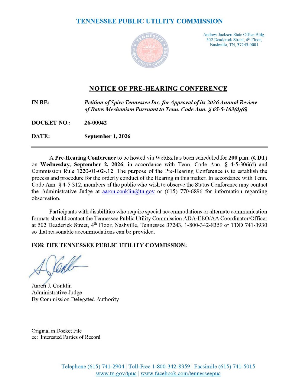 Notice of Pre-Hearing Conference in Docket 26-00042