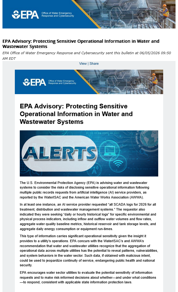 Image of EPA Advisory Alert. Clicking link redirects to EPA Advisory webpage with detailed information.