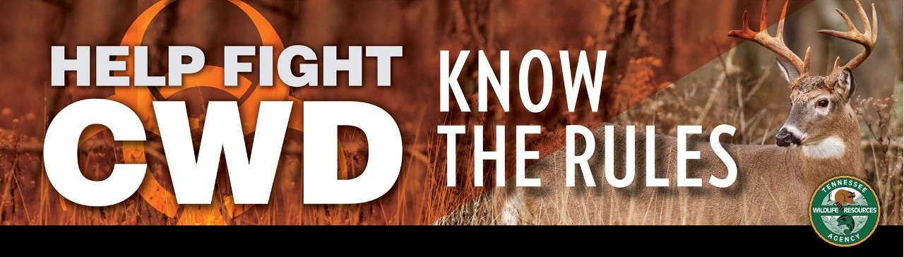 Buck with TWRA logo and text reading "Help Fight CWD Know The Rules" and link to page with regulations and hunting with CWD.