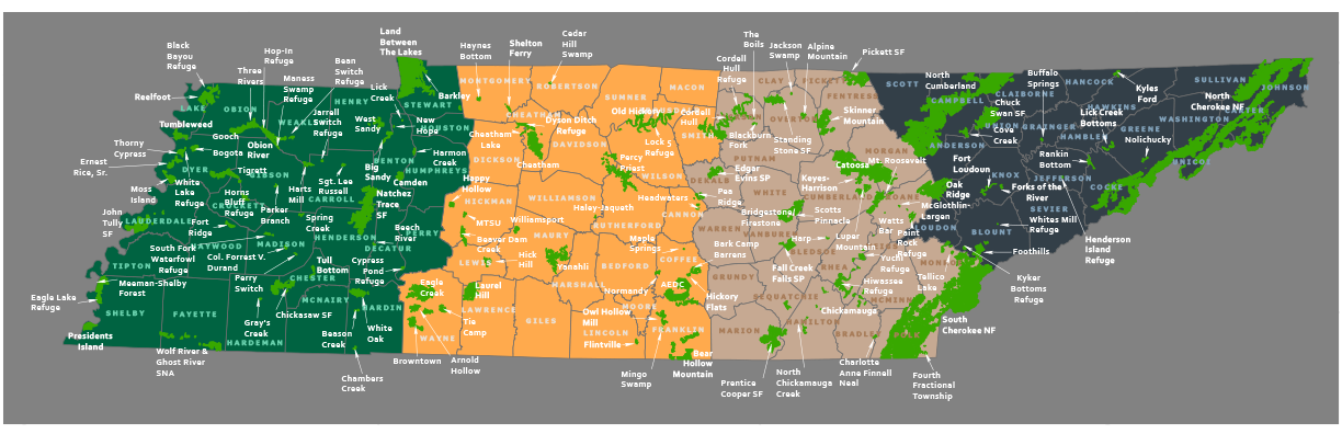 Printable State of Tennessee WMA Location Map Printable State of Tennessee WMA Location Map
