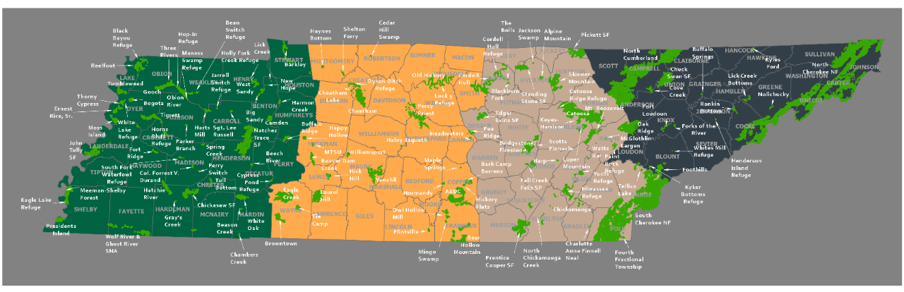 Printable State of Tennessee WMA Location Map Printable State of Tennessee WMA Location Map
