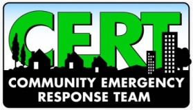 CERT Logo Logo design featuring large green letters "CERT" above black silhouettes of houses, trees, and buildings against a blue gradient background. Text "Community Emergency Response Team" appears below in bold white font, emphasizing community preparedness and emergency response.