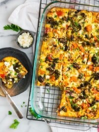 overhead view of vegetarian breakfast casserole in a dish on a cooling rack