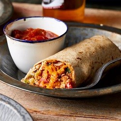 wfhtn_bean_cheese_burrito_resized a bean and cheese burrito on a plate with a side of salsa