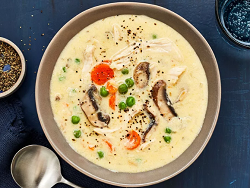 Creamy Chicken and Mushroom Soup bowl of creamy chicken and mushroom soup with a spoon next to it