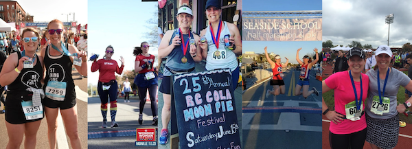 Kelly and Abby running races together Photo collage of runners and race participants posing at finish lines and events, including medals, race bibs