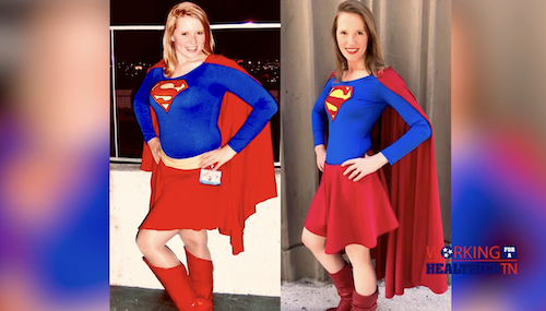 Rachel's before and after wearing a Super Girl costume Rachel's before and after wearing a Super Girl costume