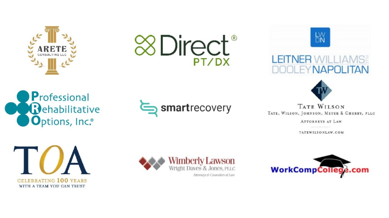 wc-conf-sponsors-2026 Sponsor Logos including Arete Consulting, Direct PT/DX, Leitner Williams Dooley Napolitan PLLC, Professional Rehabilitative Options, Inc., Smart Recovery, Tate Wilson law firm, TOA, Wimberley Lawson law firm, and WorkCompCollege.com