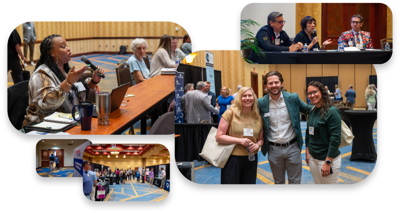 2026ConfCollage2 Collage fo 5 snapshots from the conference featuring panelist discussions and attendees asking questions.