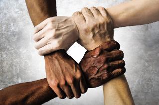 Racial Discrimination Three different colored hands gripping each other's wrists