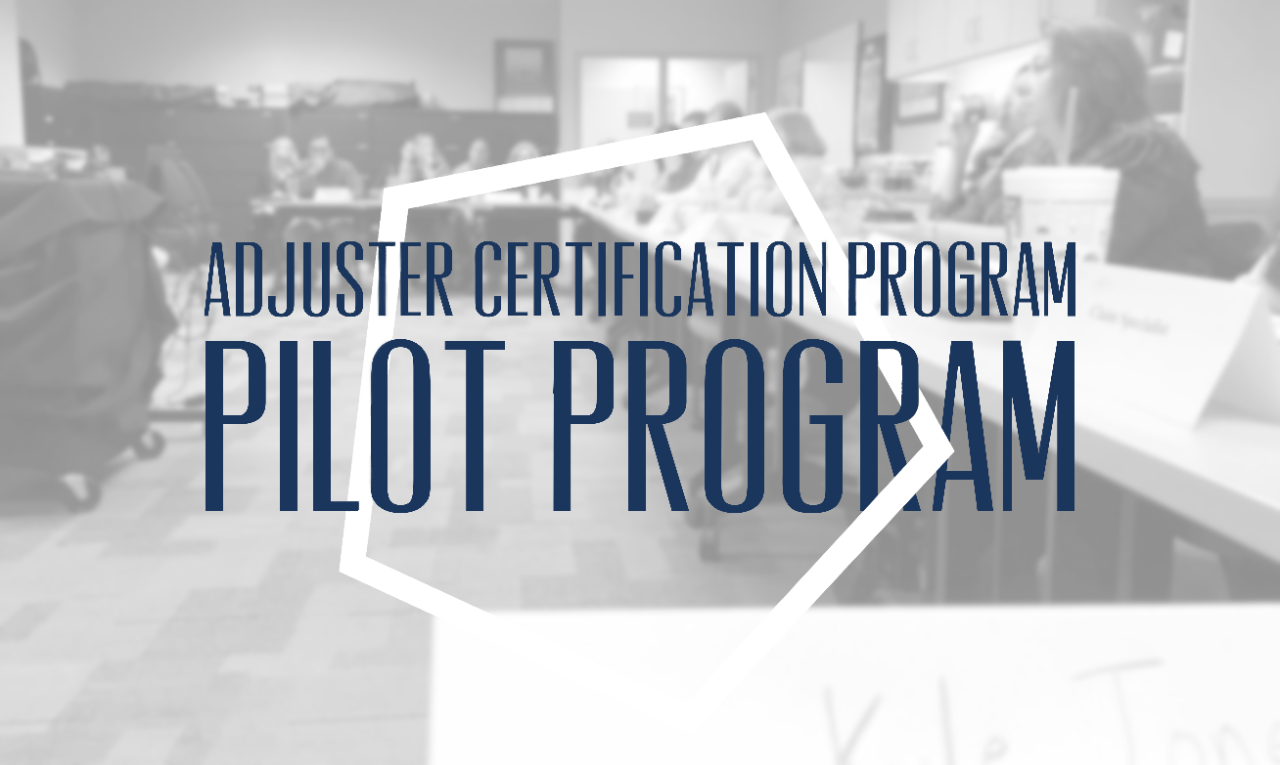 4-Adjuster-Pilot-Graphic Adjuster Certification Pilot Program. Background has a washed out image of people sitting at tables for the class.