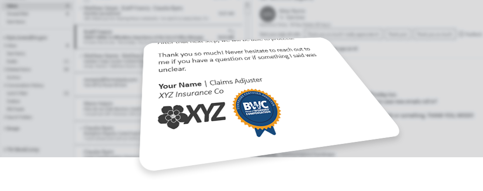 A sample email featuring the blue badge added to an insurance adjuster's email signature.