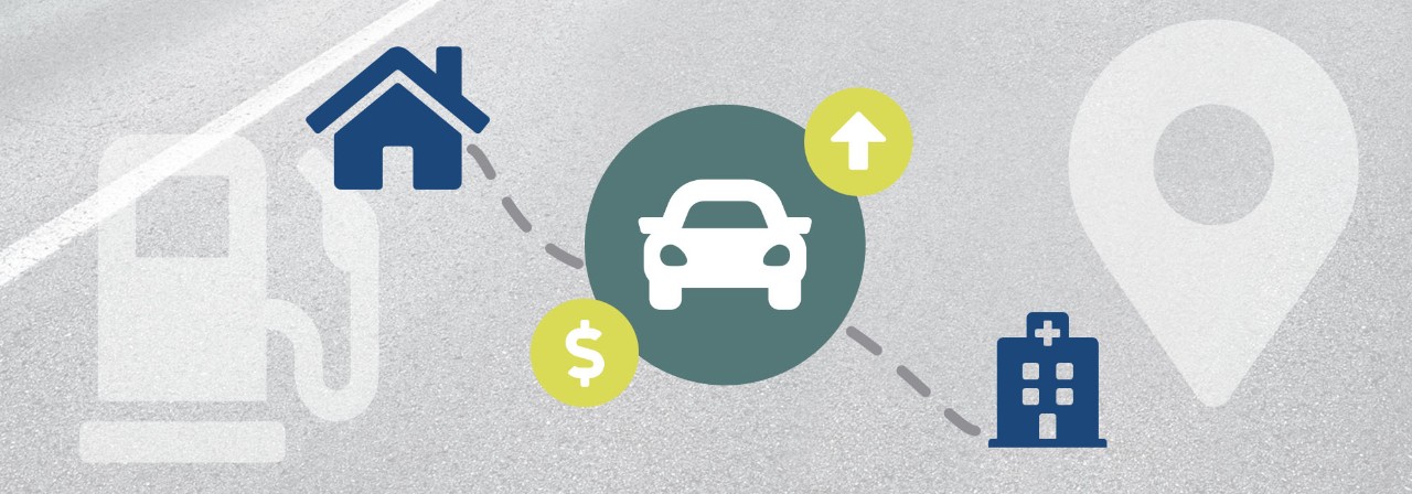 wc_Mileage_Rate_Increase An illustration of a house driving to a medical office.