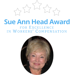 Sue Ann Head Award for Excellence A graphic with five stars, the text "Sue Ann Head Award for Excellence in Workers' Compensation" and a photo of Ms. Sue Ann
