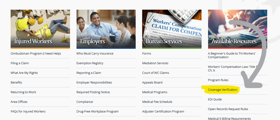 Screenshot 1 Screenshot of the Bureau's homepage with the "Coverage Verification" link highlighted on the right side of the page.