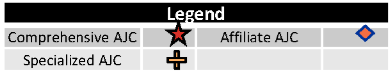 AJC-Map-Legend Map legend: Star represents Comprehensive AJCs. Cross represents Specialized AJCs. Diamond represents Affiliate AJCs.