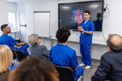 Workforce Pell A man wearing scrubs speaks to students while standing in front of a screen with an image of a heart